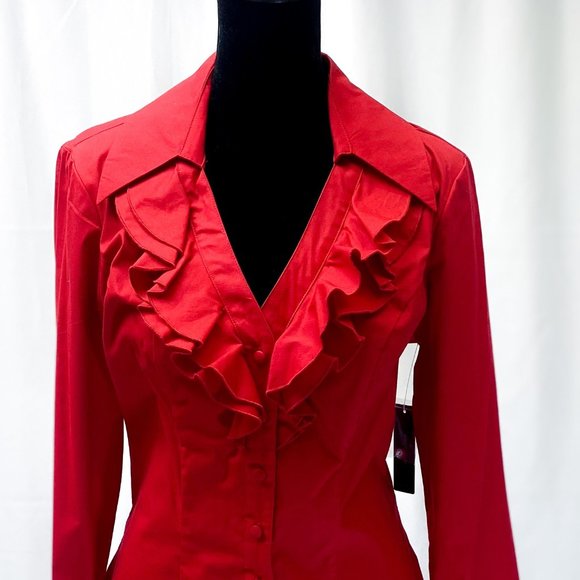 Women's Red Ruffled Collar Button Down Shirt V-Neck Business Casual Blouse BNWT - Picture 1 of 12